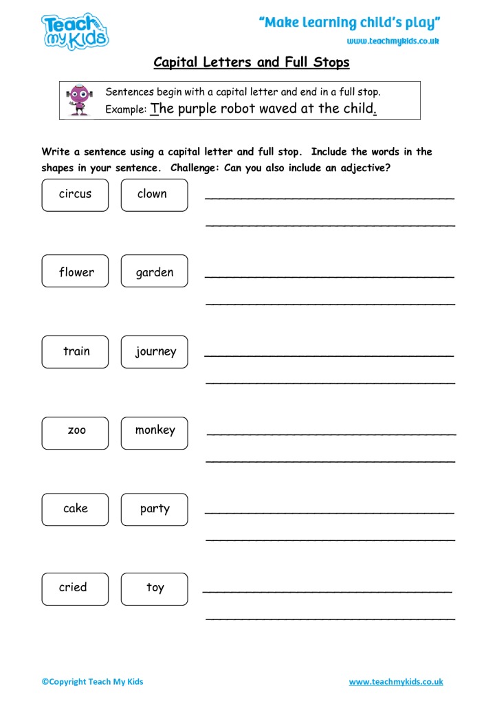 Capital Letters And Full Stops Worksheets Year 1